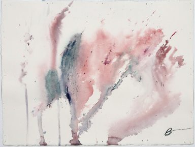 Abstract watercolor painting with soft pinks, greens, and fluid brush strokes.