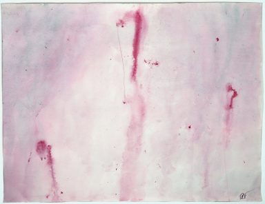 Abstract artwork featuring soft pink hues with splatters and streaks.