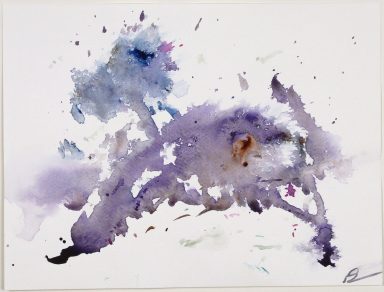 Abstract watercolor with violet and blue splashes on a white background.