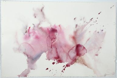 Abstract watercolor with splashes of pink, purple, and beige on a light background.