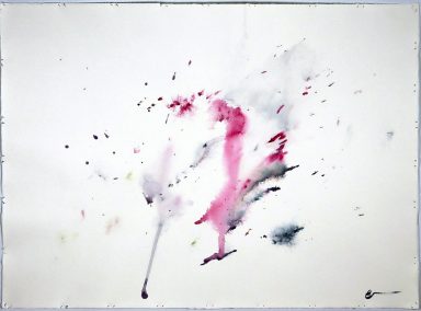 Abstract watercolor painting with splashes of pink, gray, and subtle colorful accents.