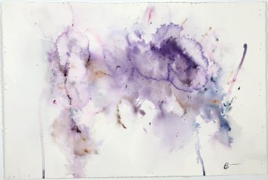 Abstract watercolor artwork featuring shades of purple with splashes and fluid forms.