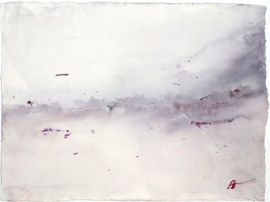 Abstract watercolor depicting soft hues of gray and subtle hints of red.