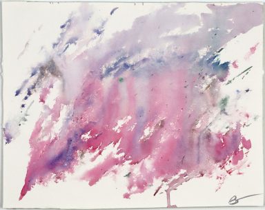 Abstract watercolor with shades of pink, purple, and hints of green, creating a dynamic flow.
