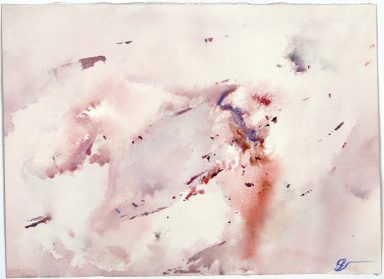 Abstract watercolor painting with soft pink and blue hues blending together.