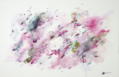 Abstract watercolor painting featuring soft pinks, grays, and splashes of color.